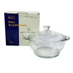 Castron din Sticlă cu Capac DELISOGA, Deli Glassware, 1 Set, Vas Transparent cu Mânere Laterale