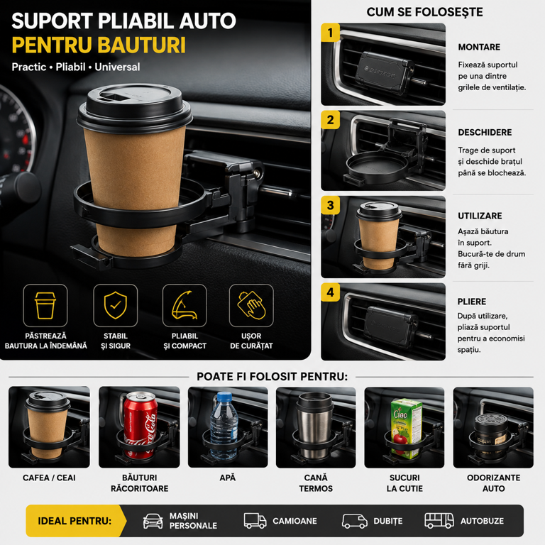 Suport Auto Pliabil pentru Băuturi, Pahare și Doze, Dunlop