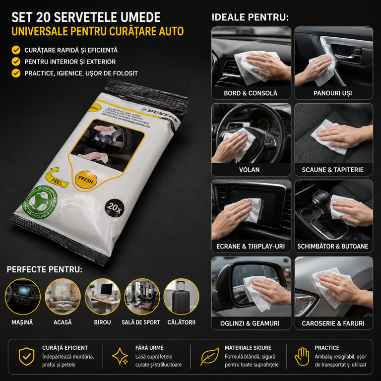 Set 20 Șervețele Umede Universale pentru Curățare Auto, Dunlop