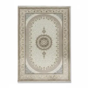 Covor clasic tip persan 80 x 150 cm, model ornamental cu medalion central, nuanțe bej și crem, dreptunghiular, pentru living și dormitor