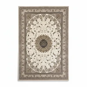 Covor clasic tip persan 100 x 200 cm pentru hol și living, model oriental cu medalion central rotund, covor decorativ bej și maro, covor dreptunghiular elegant pentru interior