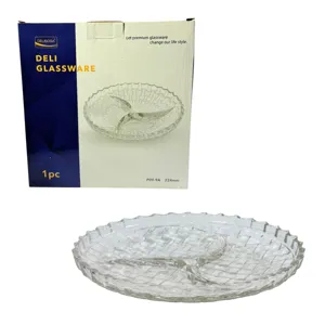 Platou Rotund din Sticlă DELISOGA  224 mm, Deli Glassware, Tavă Servire Compartimentată cu Model Texturat