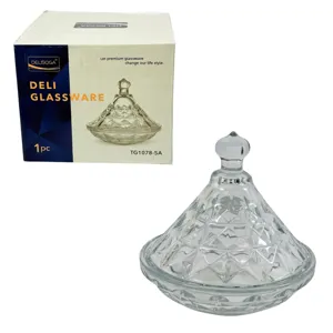 Bombonieră din sticlă cu capac Delisoga TG1078-5A – Recipient decorativ transparent pentru bomboane, prăjituri și servire elegantă, 1 piesă